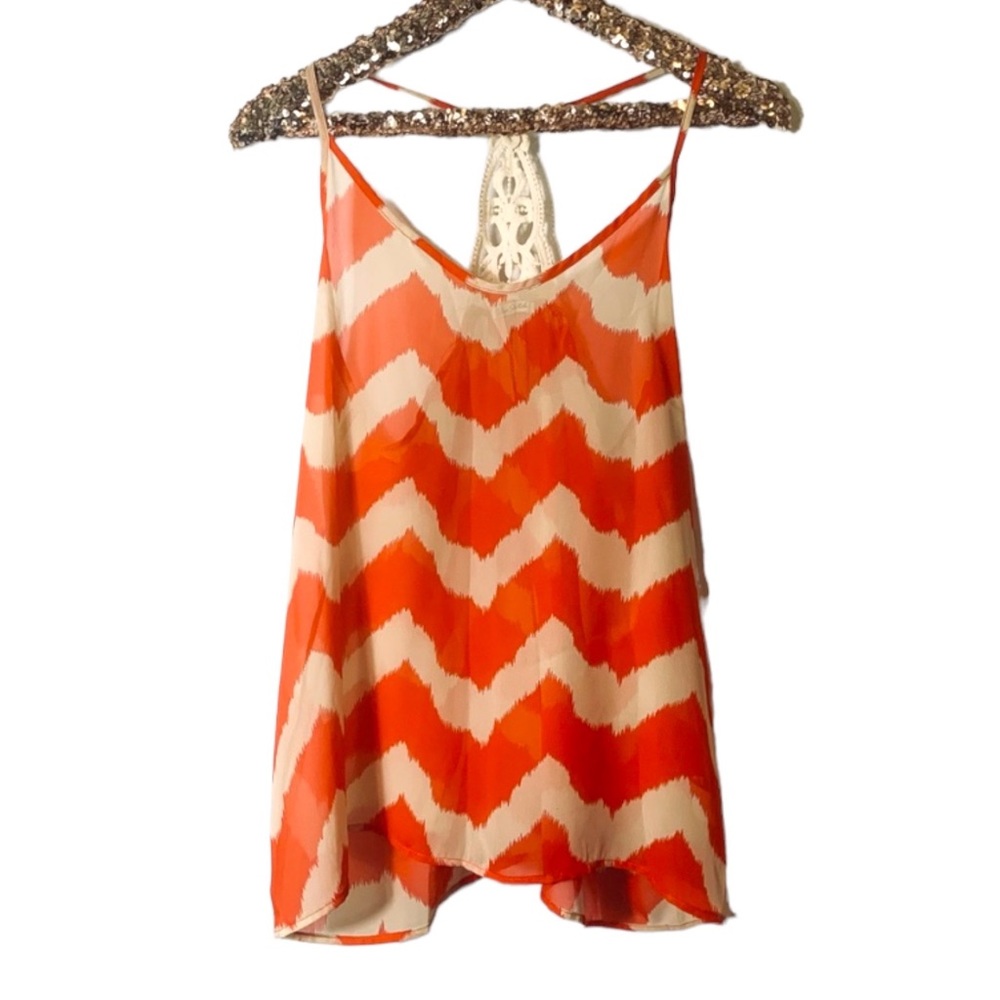 Blue Sketch Chevron Orange Ivory Lace Racerback Sleeveless Top Size L